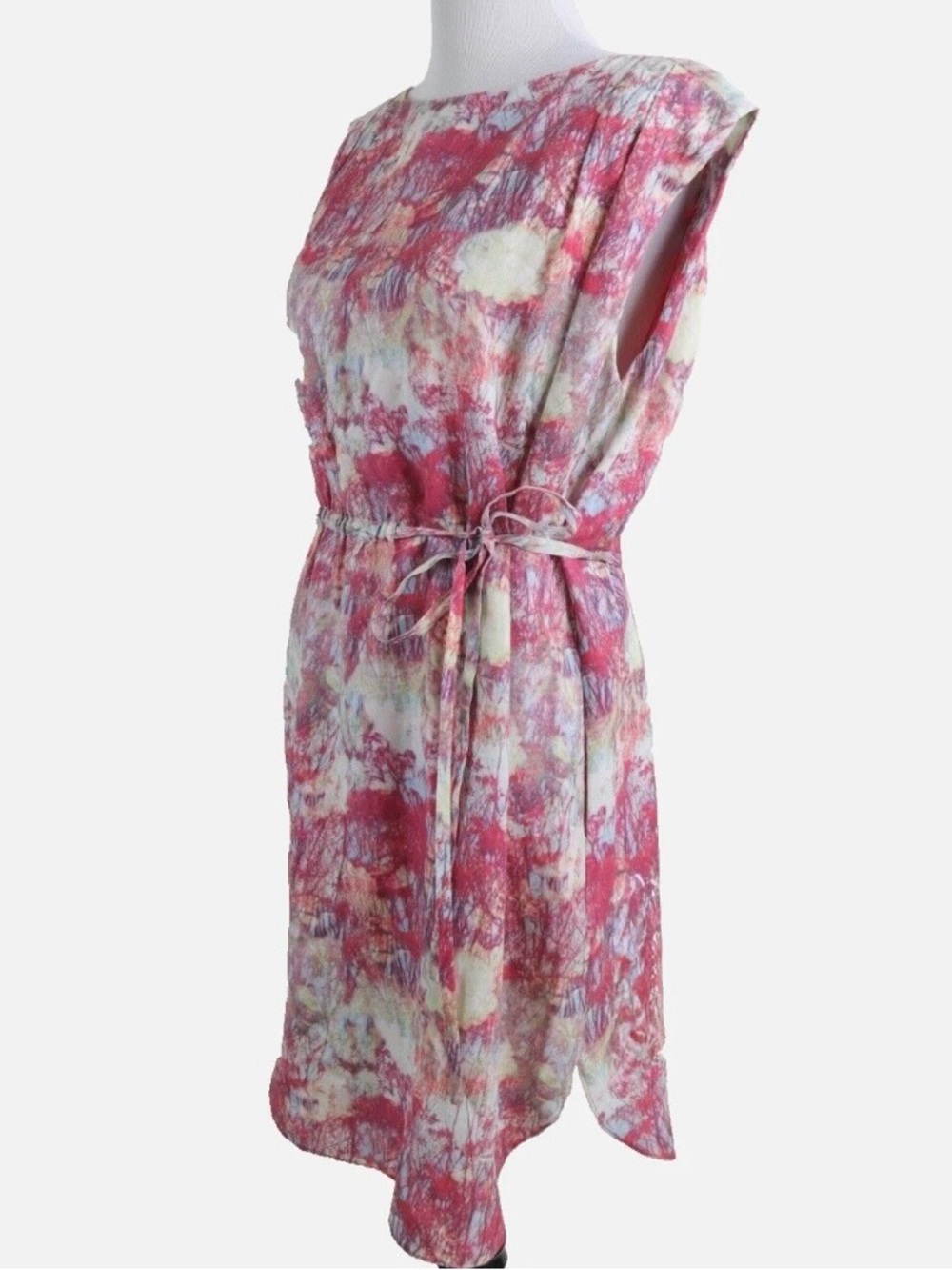 EUC Reiss Raspberry Floral Tie-Waist Sleeveless Dress Rounded Hem Pockets Lined - Picture 2 of 13
